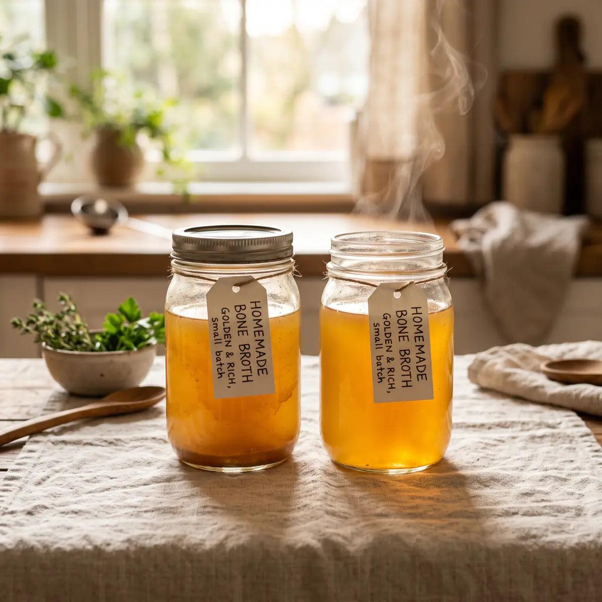 Two glass jars of golden grass-fed bone broth
