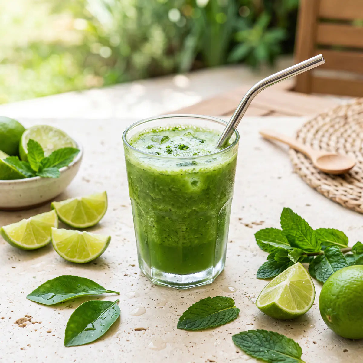 Green chlorella drink with lime and fresh leaves