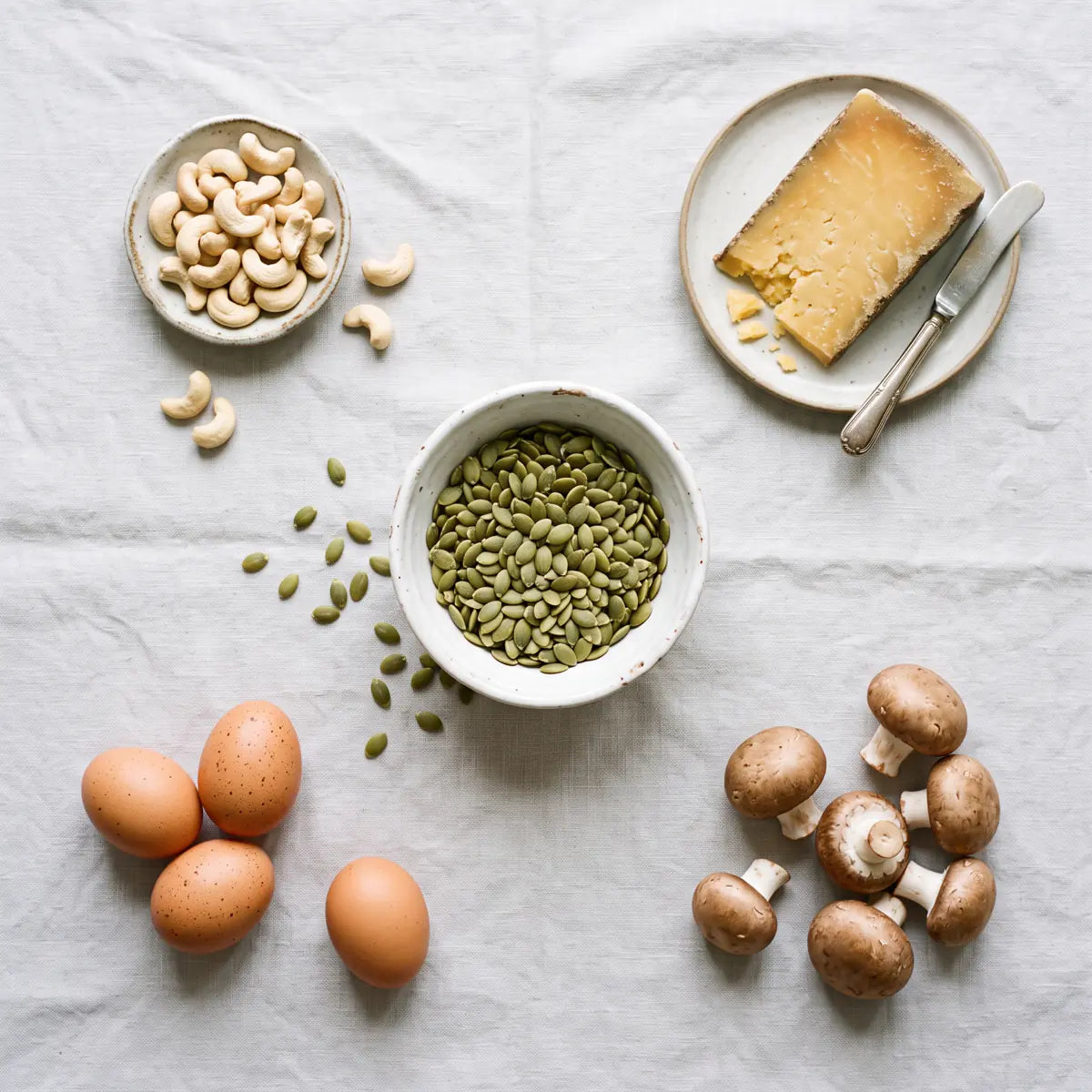 Flat lay of zinc-rich whole foods