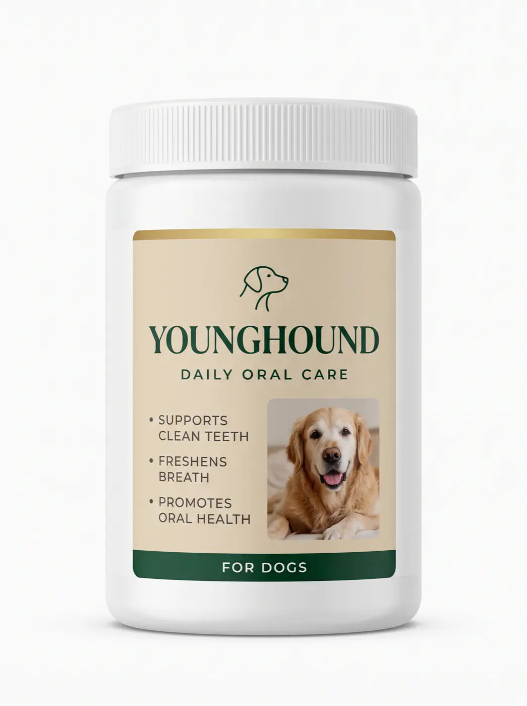 Young Hound Dental Powder jar for dogs, front view