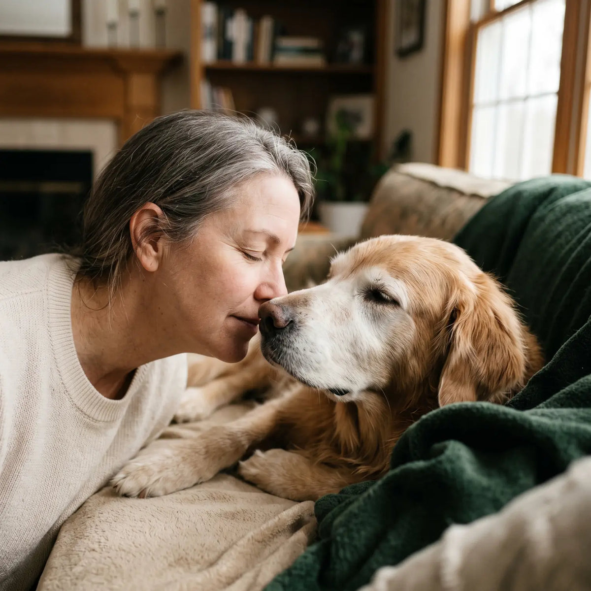 Woman leaning in close to her senior golden retriever