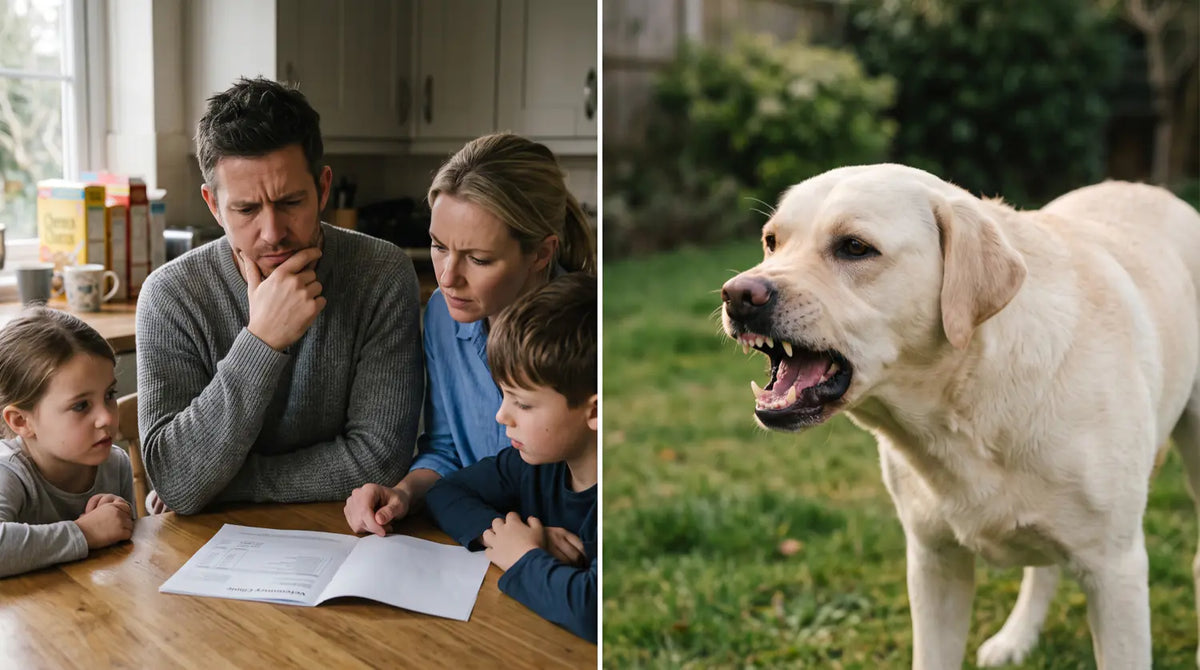 A family reading a veterinary estimate, and a dog snarling in pain