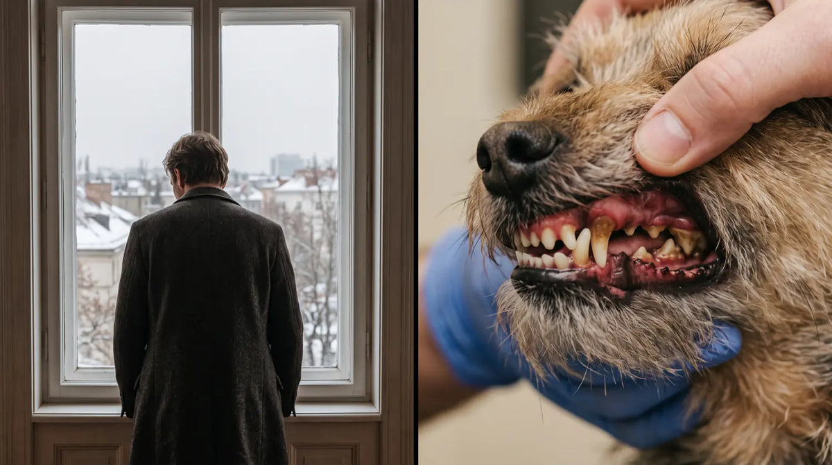 A man at a window in winter, and a close-up of a dog's heavily tartared teeth