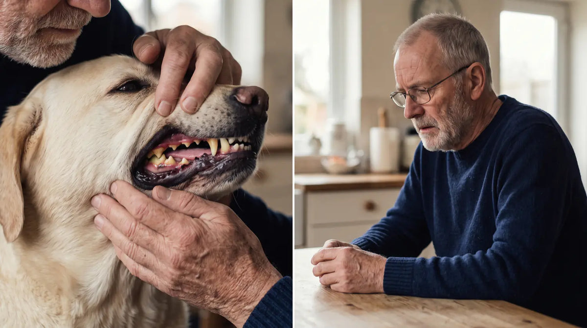 An owner lifting his labrador's lip to reveal tartar, and the same man looking worried