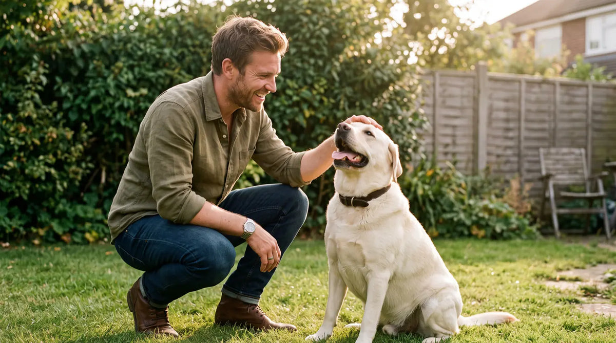 A man crouching beside his happy labrador on a sunlit lawn