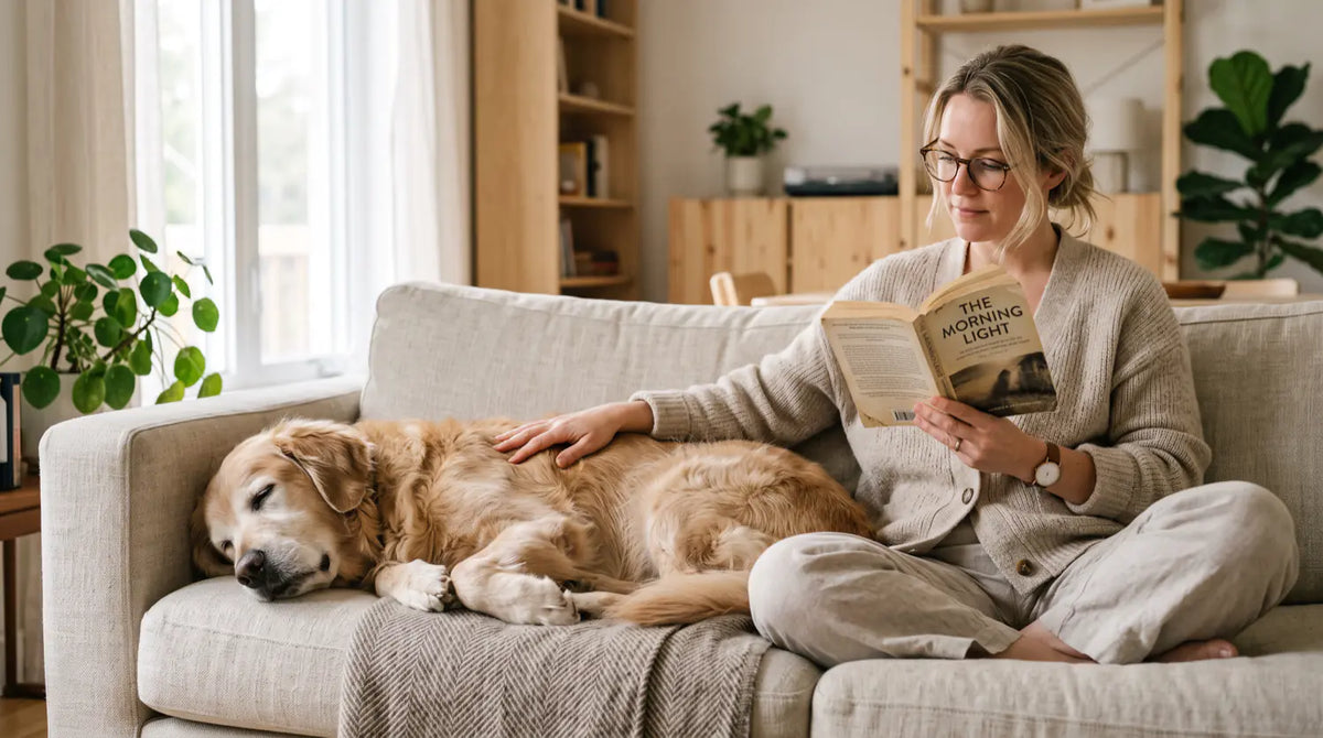 A senior golden retriever sleeping peacefully beside its owner