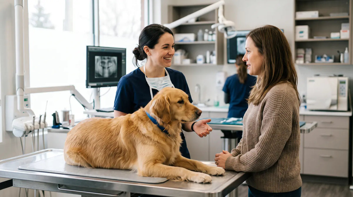 A veterinary dentist explaining a treatment plan to a dog owner