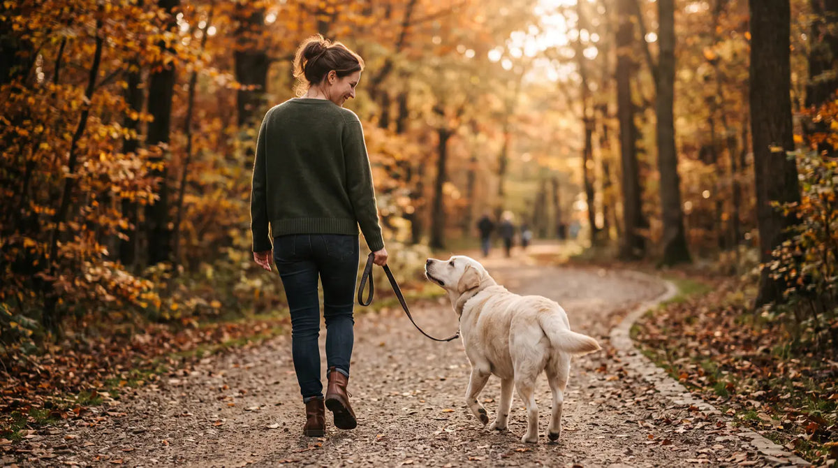 A woman and her labrador walking along an autumn park path