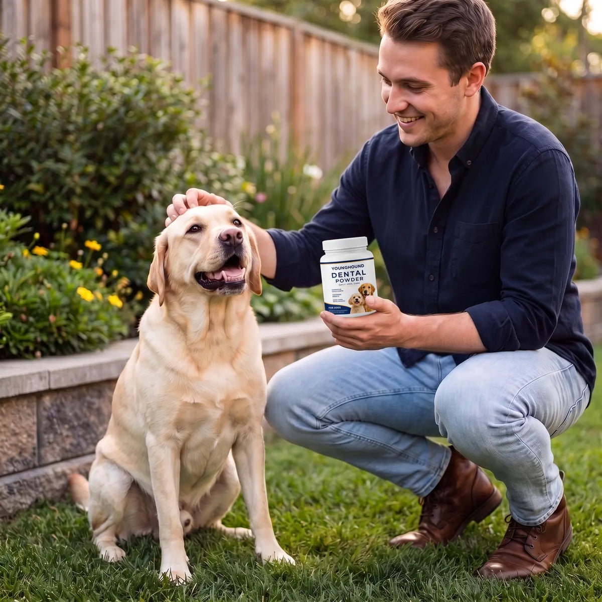 A dog beside the Young Hound jar at home