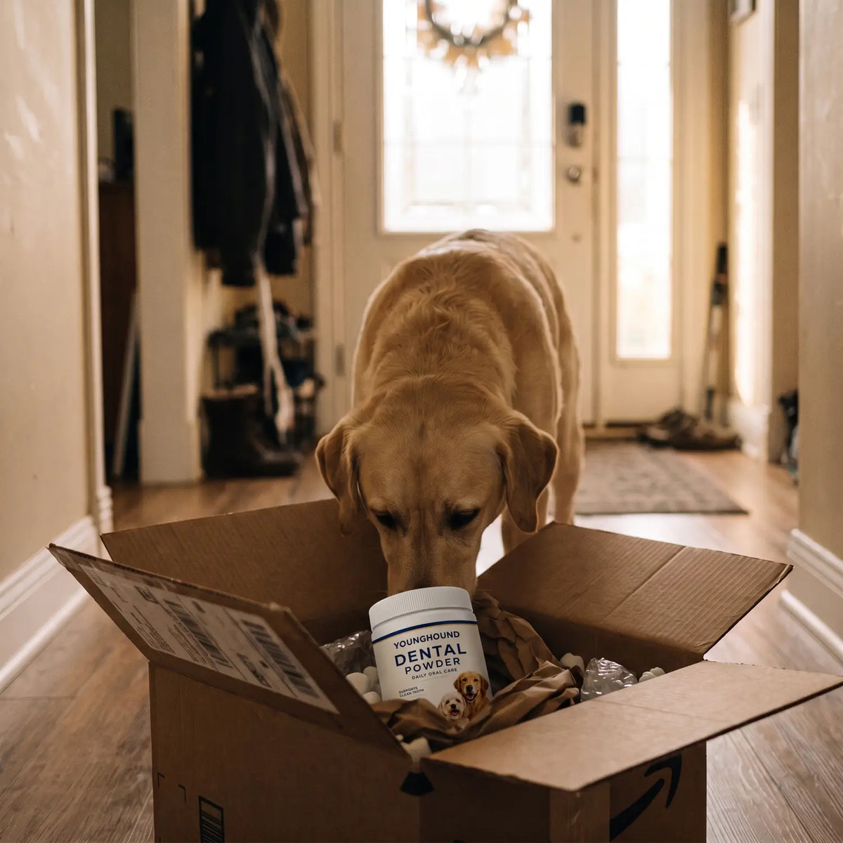 Dog sniffing a freshly delivered box of Young Hound