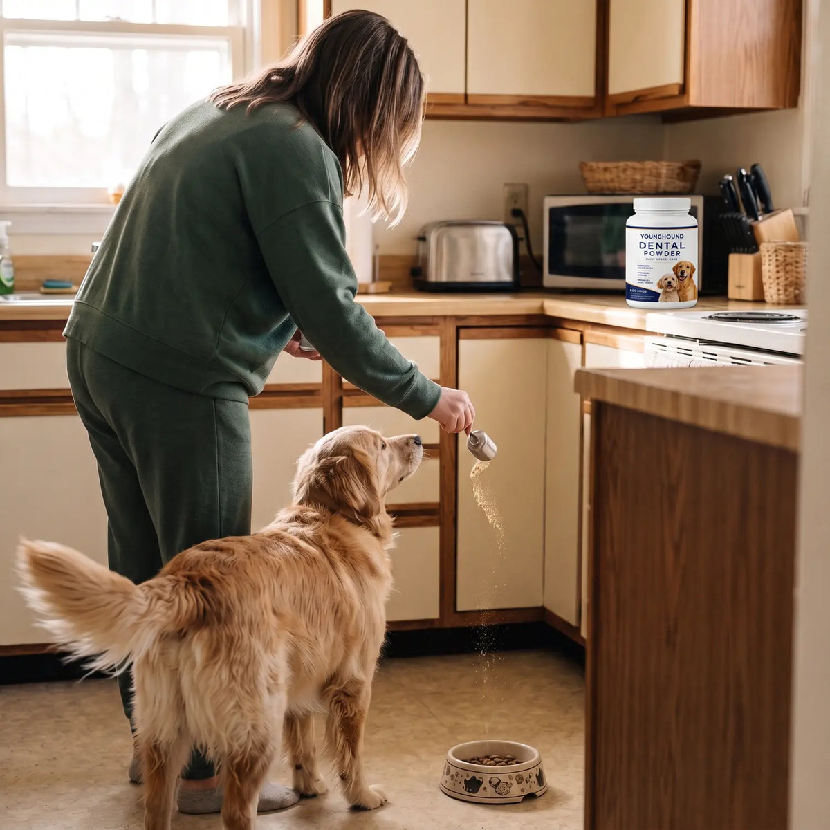 Dog owner adding dental powder to her dog's food bowl