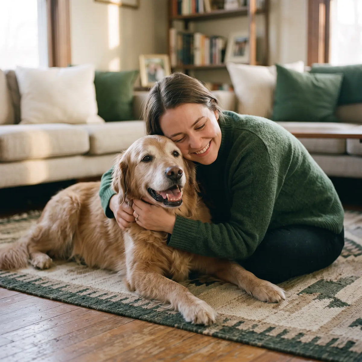 Woman hugging her senior golden retriever with clean teeth