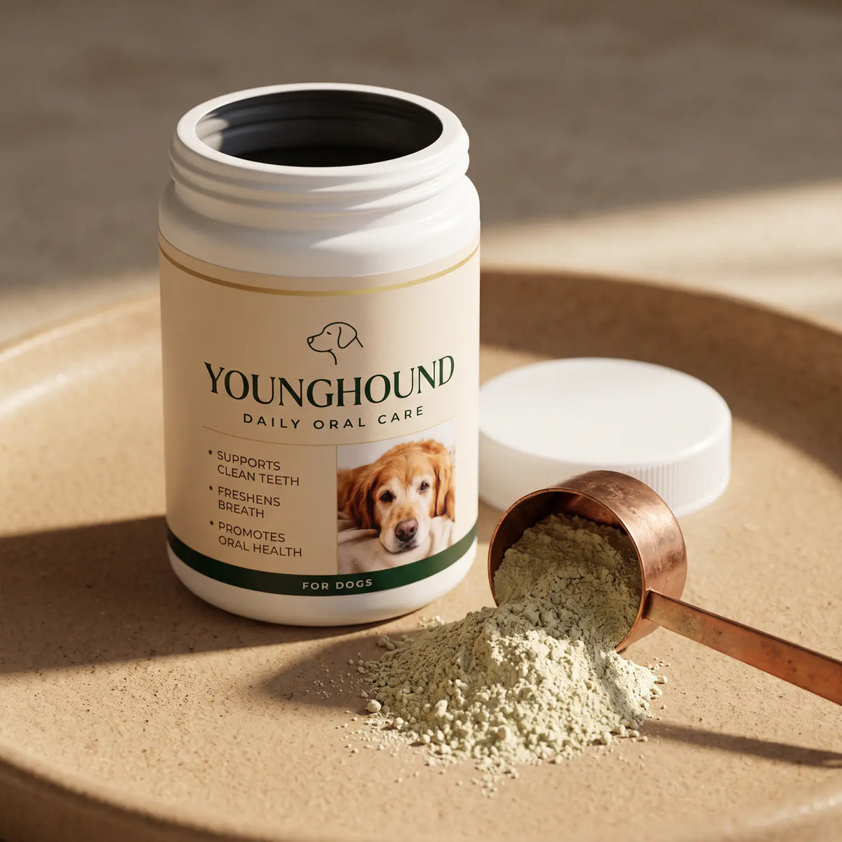 Open jar of Young Hound dental powder with a copper scoop
