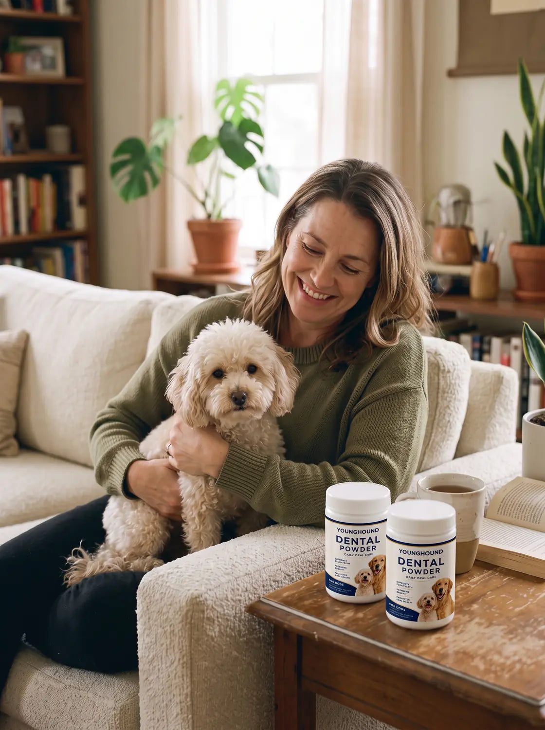 A smiling woman holding her small dog on a sofa beside two jars of Young Hound powder