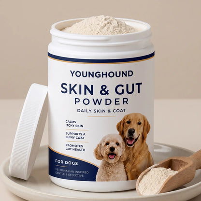 The Young Hound YH-02 Skin & Gut jar open beside its lid and a scoop of powder